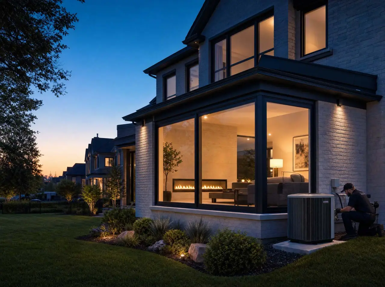 Direct Air Systems technician installing a heat pump beside a modern GTA home at dusk, with a linear gas fireplace glowing in the living room