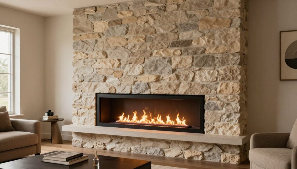 A cozy and modern living room centred around a sleek, linear gas fireplace with a realistic flame, installed in a stone-feature wall.
