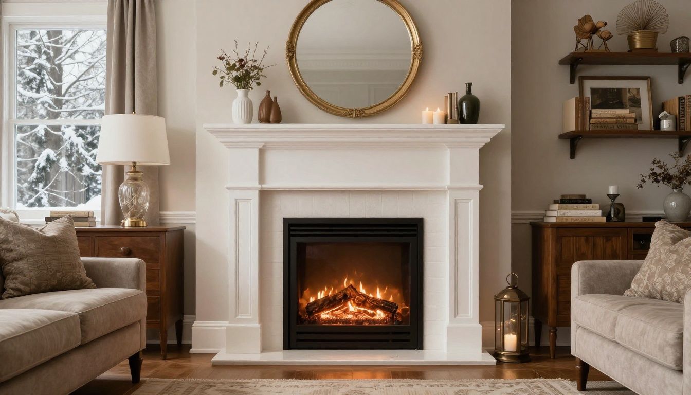 A cozy and elegant living room in a Greater Toronto Area home, showcasing a beautifully installed Regency gas fireplace as the centrepiece during a winter evening.