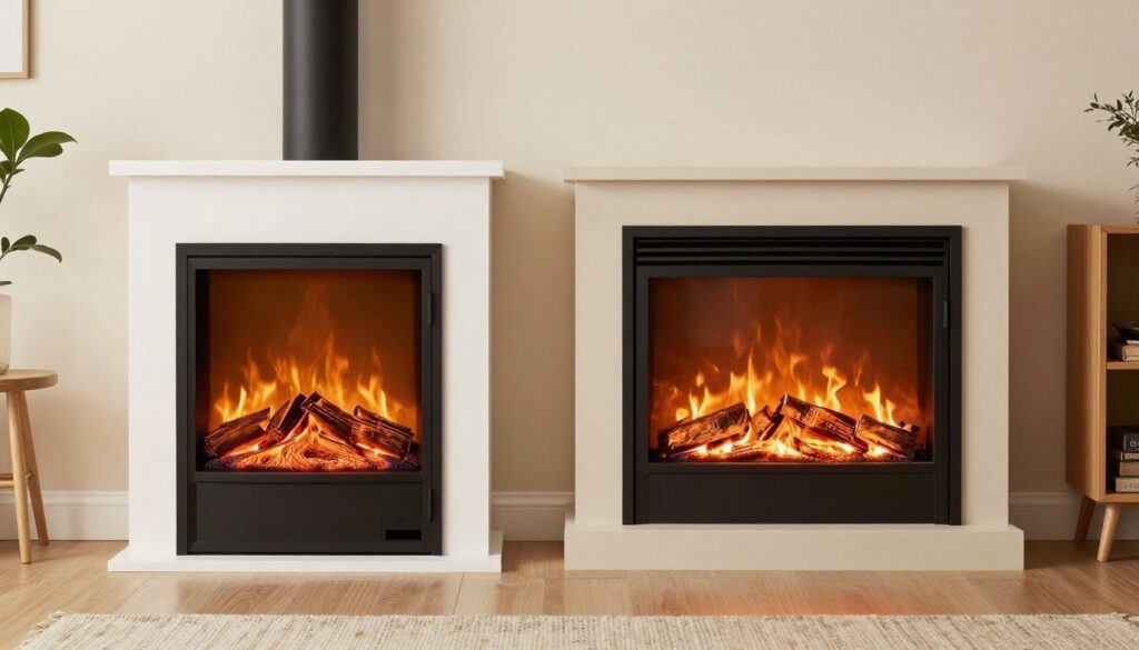 A split-screen image showing a modern electric fireplace insert on the left and a traditional gas fireplace insert with realistic flames on the right, in a cozy Canadian living room.