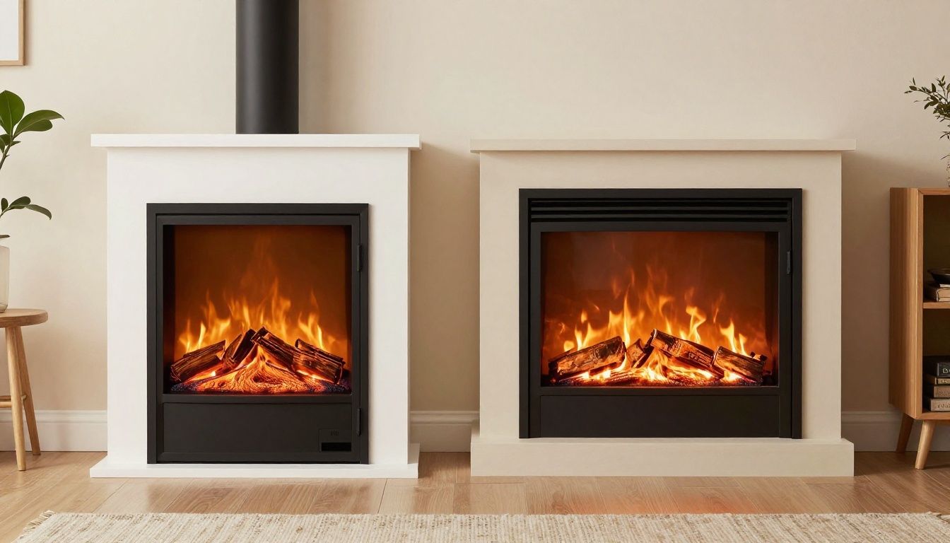 A split-screen image showing a modern electric fireplace insert on the left and a traditional gas fireplace insert with realistic flames on the right, in a cozy Canadian living room.