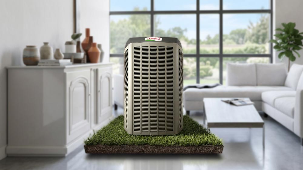 Lennox air conditioner unit on a patch of grass in a modern living room.