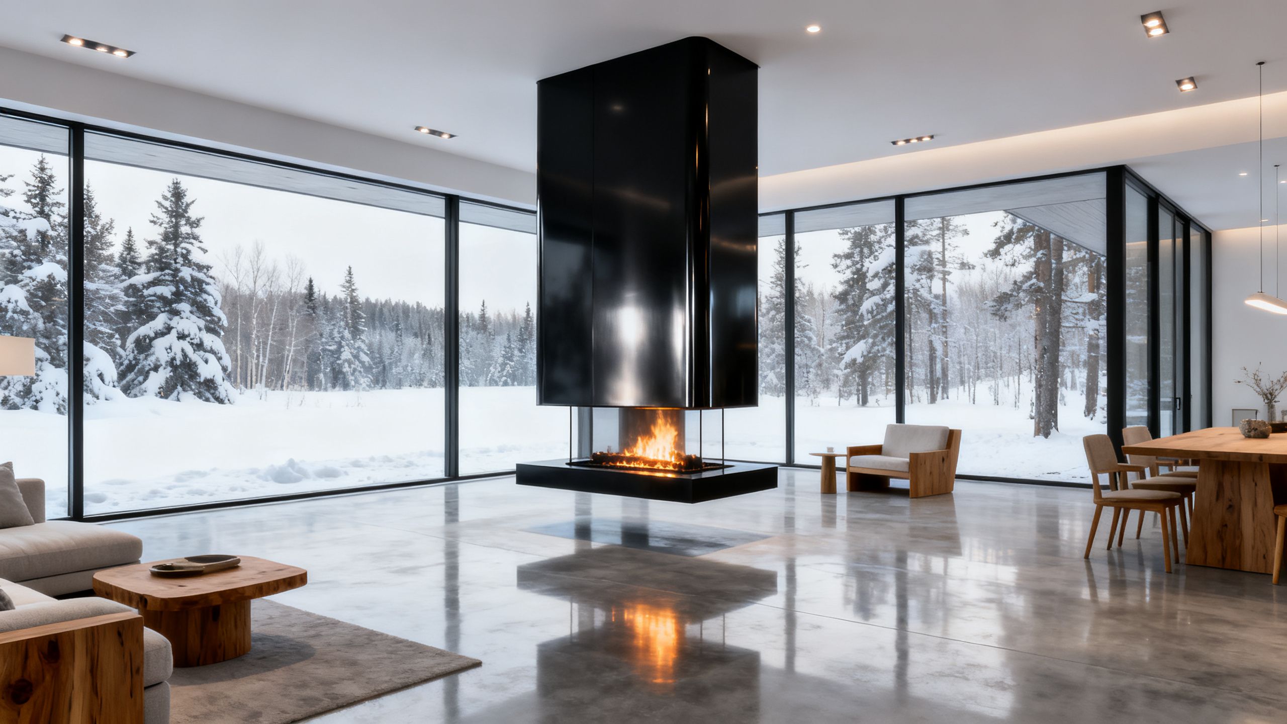 A stunning, modern living room in a Canadian home featuring a central black suspended fireplace, with minimalist decor and large windows showing a snowy landscape.