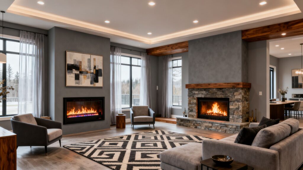 A modern Canadian living room featuring both an electric fireplace and a gas fireplace side by side, with visible flame and contemporary décor.