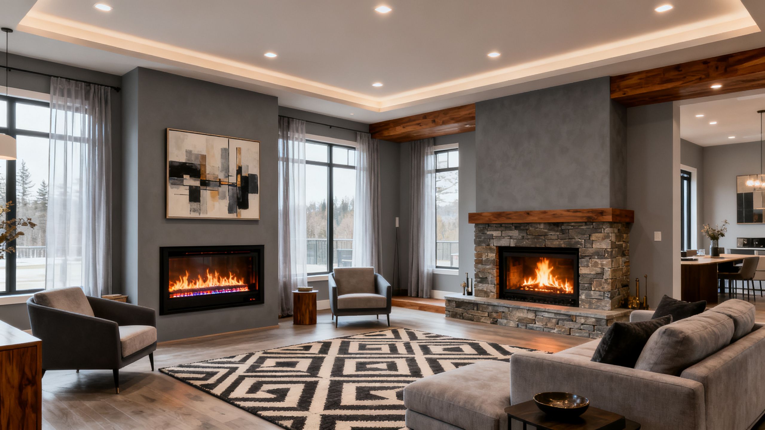 A modern Canadian living room featuring both an electric fireplace and a gas fireplace side by side, with visible flame and contemporary décor.