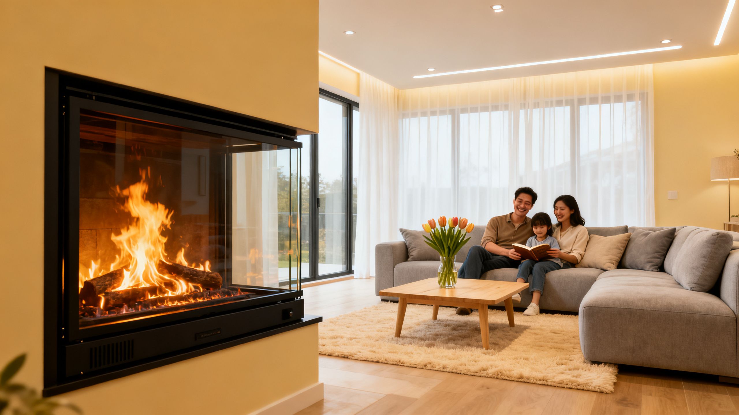 A modern living room featuring a newly installed gas fireplace insert providing warmth and ambiance, with a family relaxing on a nearby sofa.