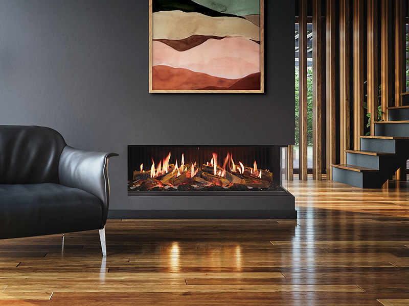 Modern living room with a black leather sofa and a modern Davinci fireplace.