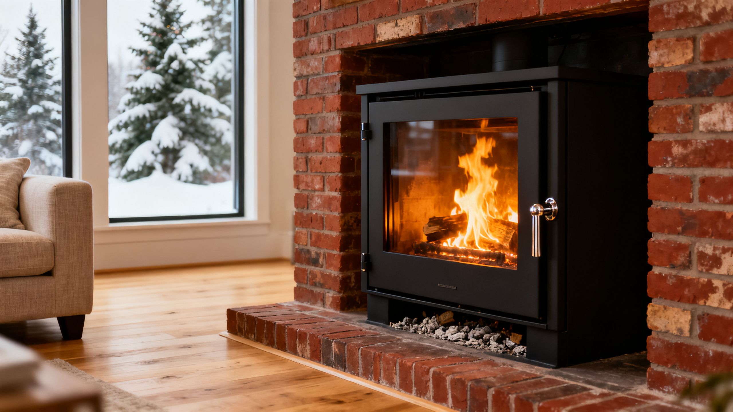 A beautifully installed wood-burning fireplace insert glowing warmly in a modern Ontario living room, showcasing a seamless fit into an existing brick fireplace.
