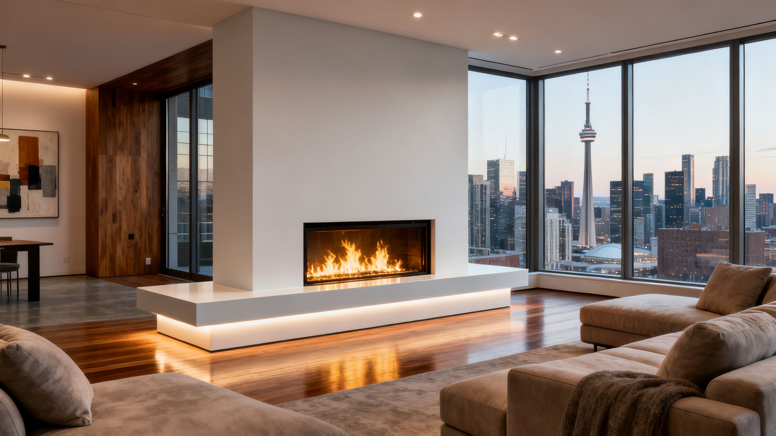 A modern, elegant gas fireplace with a clean, minimalist mantelpiece, providing a warm and inviting glow to a contemporary living room in a Toronto home.