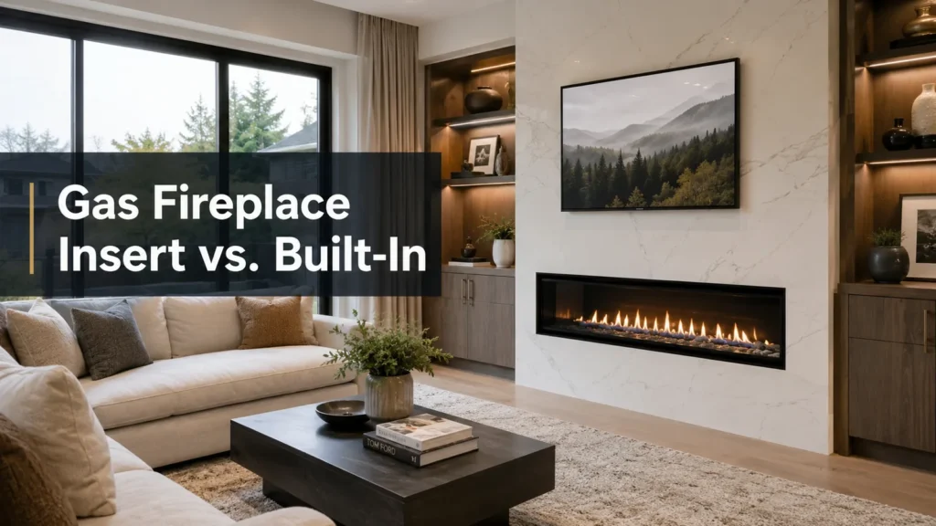 Modern living room with a long gas fireplace and sectional sofa.