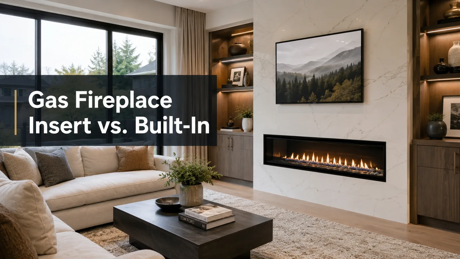 Modern living room with a long gas fireplace and sectional sofa.