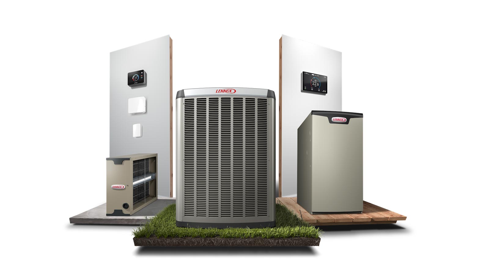 Lennox HVAC system components including an outdoor unit, furnace, and thermostat.